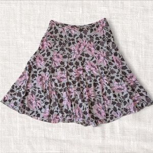 Whimsy Pink and Brown Boho Flowy Floral Print Midi Low Rise Skirt